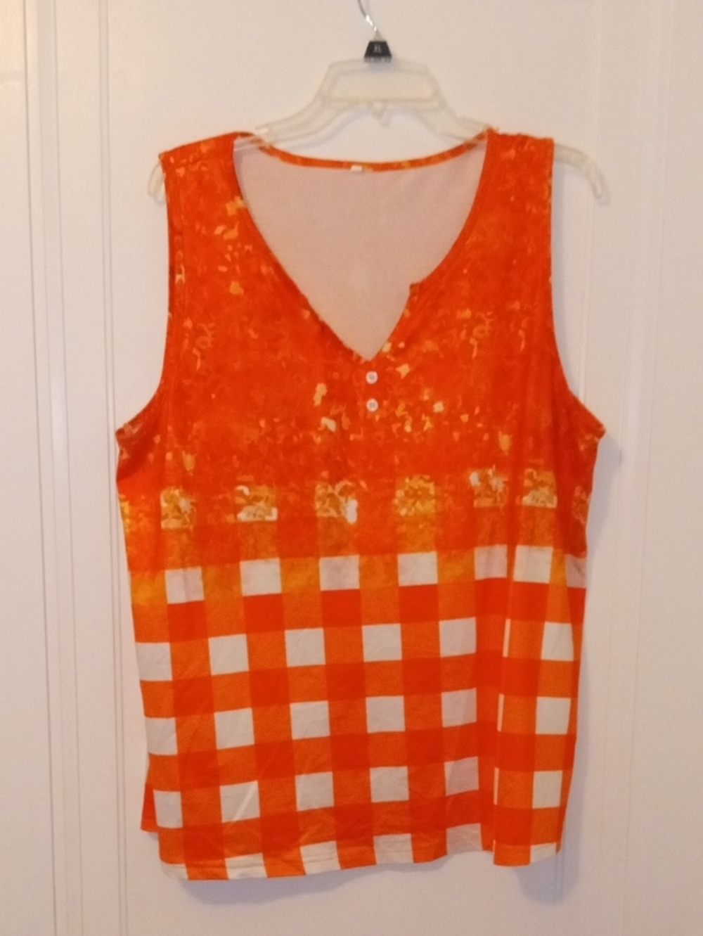 Women's 2x Orange Checked Sleeveless Top, vneck